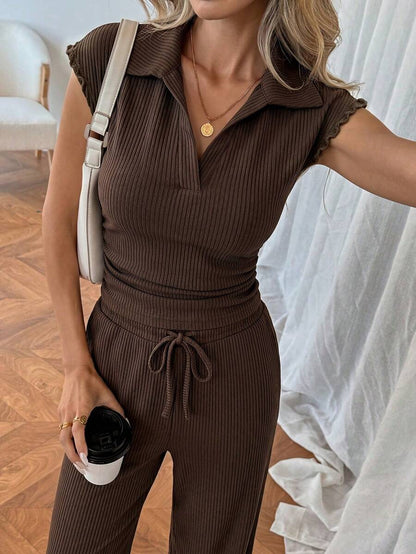 Easowa Women's Casual Polo Collar Short Sleeve Top And Pants 2 Pieces Set,Summer Outfits For Women Brunch Dark Brown Brunch