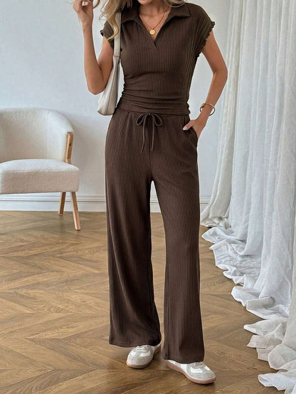 Easowa Women's Casual Polo Collar Short Sleeve Top And Pants 2 Pieces Set,Summer Outfits For Women Brunch Dark Brown Brunch