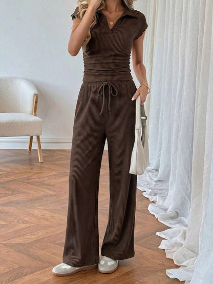 Easowa Women's Casual Polo Collar Short Sleeve Top And Pants 2 Pieces Set,Summer Outfits For Women Brunch Dark Brown Brunch