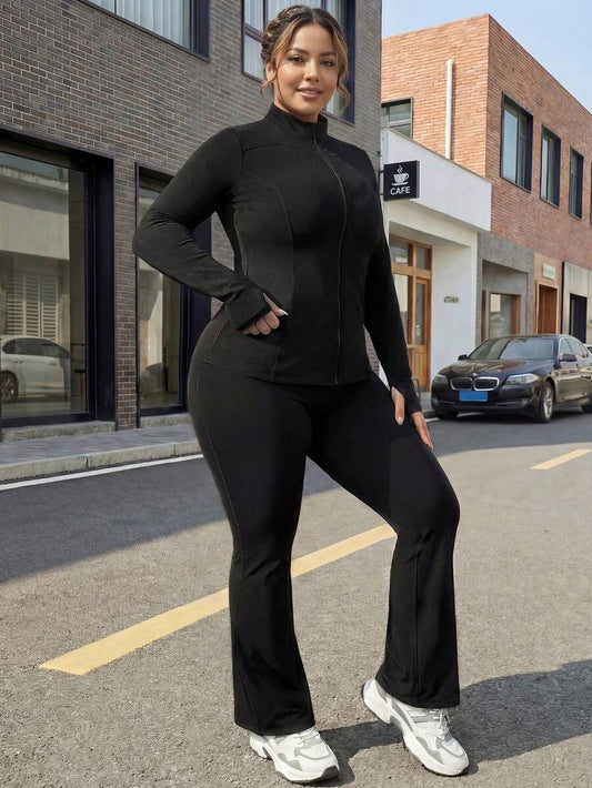 Plus Size Women's Solid Color Long Sleeve Top And Pants Slim Fit Sportswear Suit, Fitness Uniform Spring Black