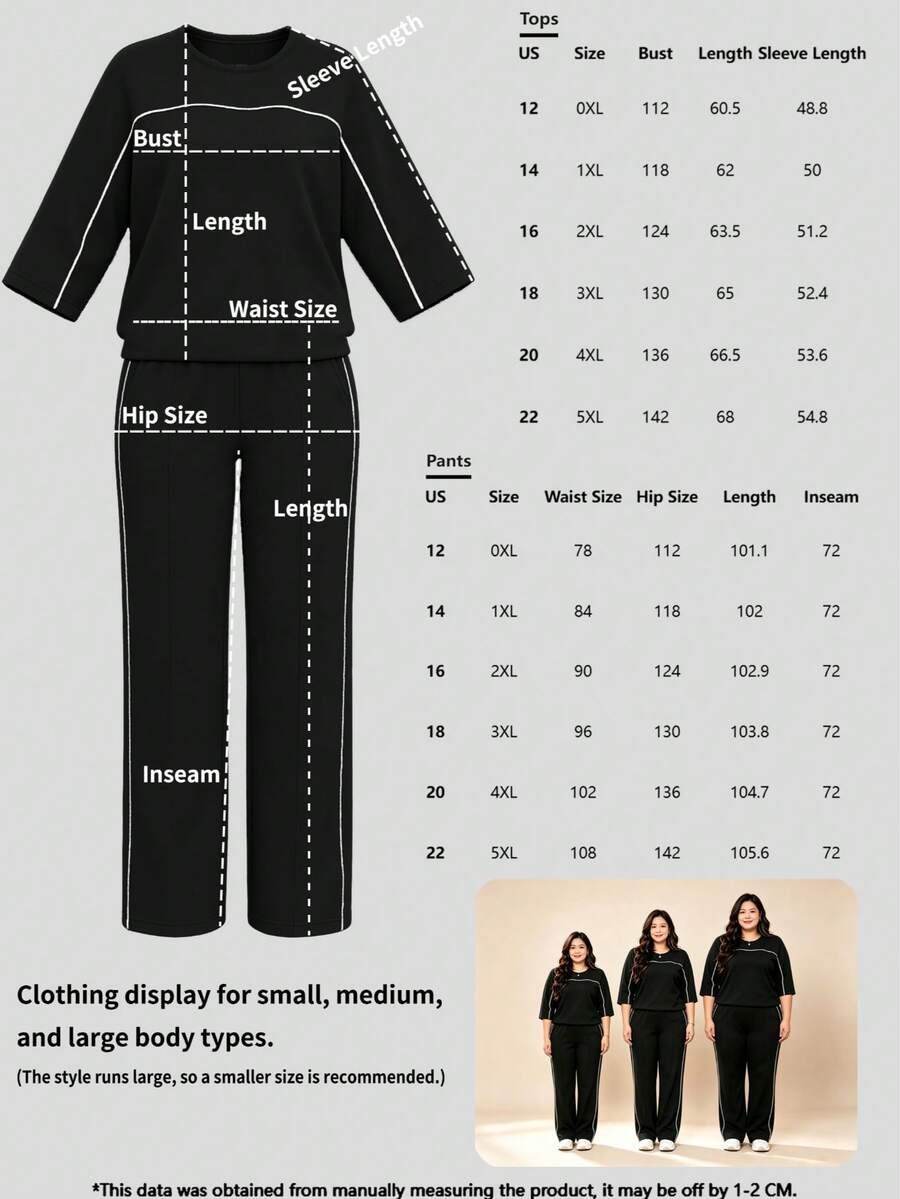 Spring/Autumn Plus Size Women's New Round Neck 3/4 Sleeve T-Shirt & Casual Daily Elastic Waist Loose Long Pants 2-Piece Set, Visual Concealing Elegant