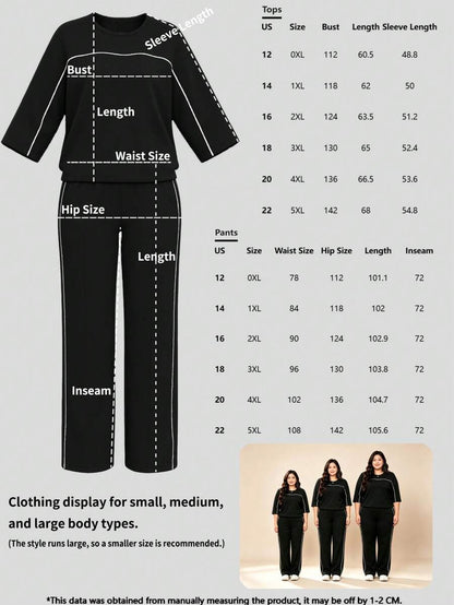 Spring/Autumn Plus Size Women's New Round Neck 3/4 Sleeve T-Shirt & Casual Daily Elastic Waist Loose Long Pants 2-Piece Set, Visual Concealing Elegant