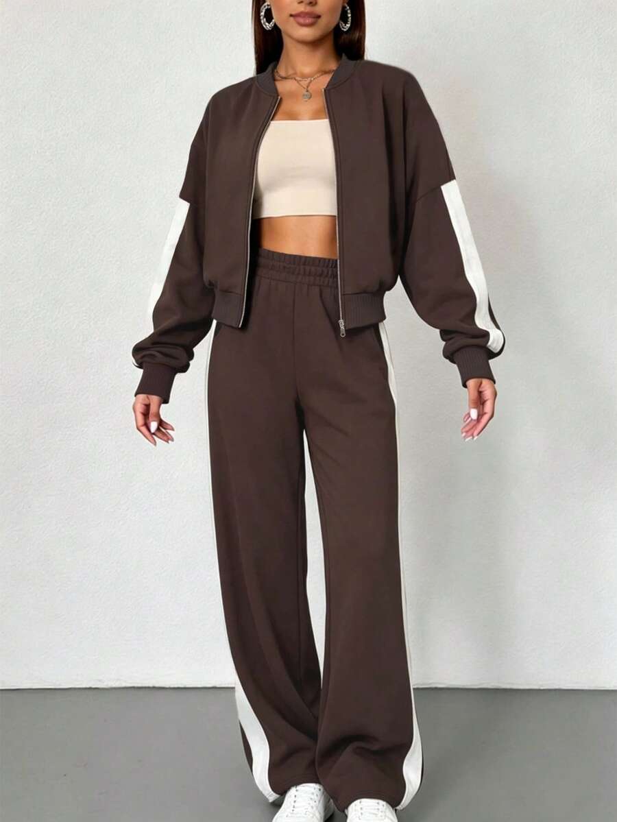 Women 2pcs Colorblock Casual Zip-Up Baseball Collar Sweatshirt Sports Set, Home Office Streetwear, Loose Fit Autumn Winter Elegant