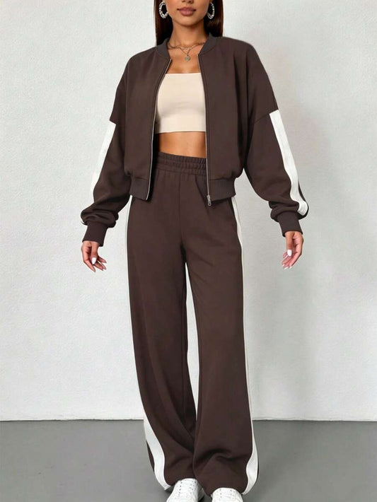 Women 2pcs Colorblock Casual Zip-Up Baseball Collar Sweatshirt Sports Set, Home Office Streetwear, Loose Fit Autumn Winter Elegant
