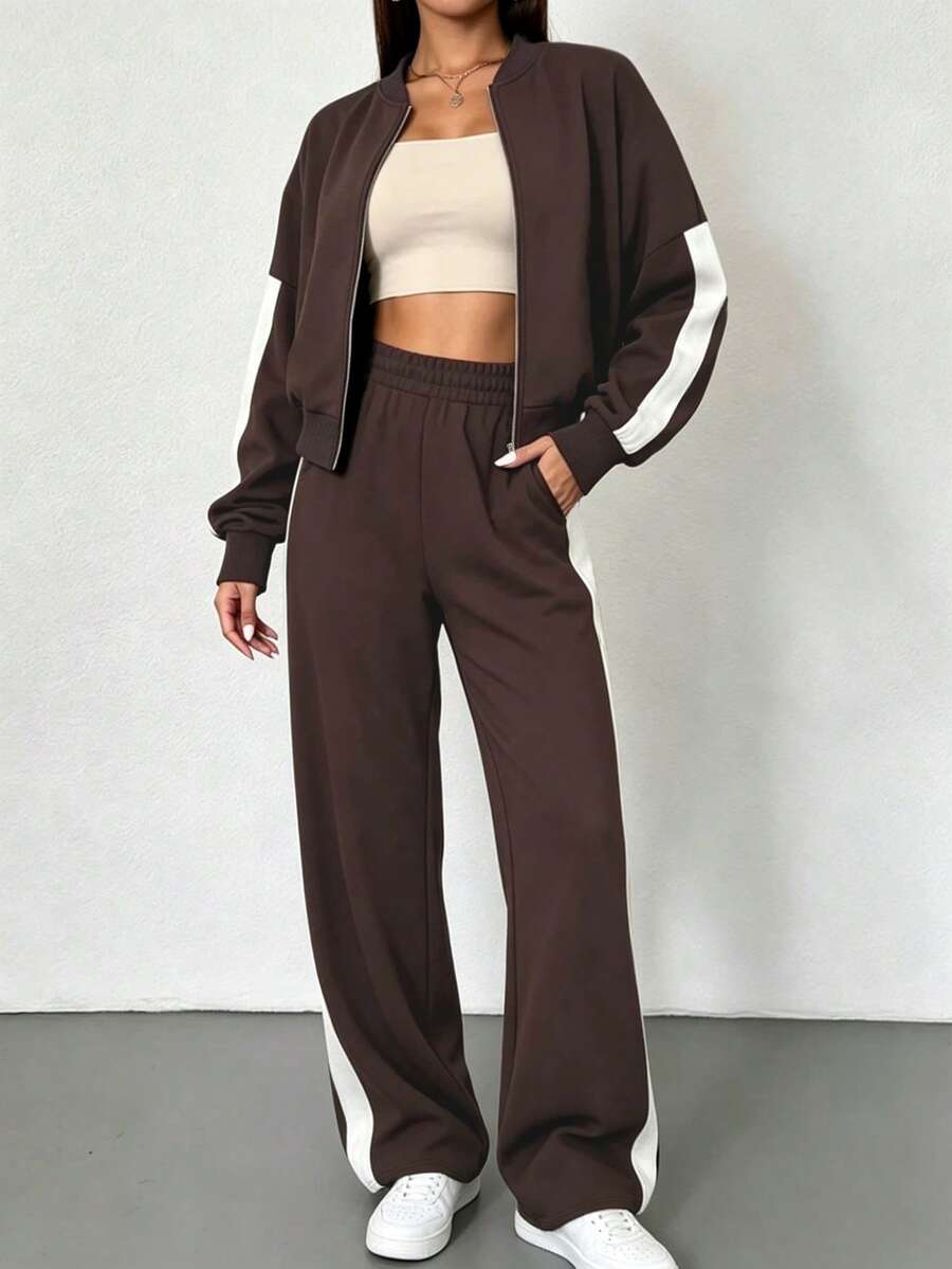 Women 2pcs Colorblock Casual Zip-Up Baseball Collar Sweatshirt Sports Set, Home Office Streetwear, Loose Fit Autumn Winter Elegant