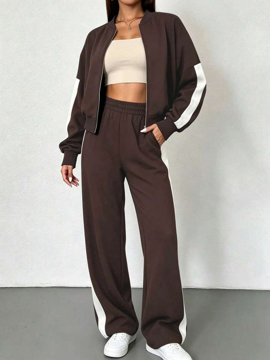 Women 2pcs Colorblock Casual Zip-Up Baseball Collar Sweatshirt Sports Set, Home Office Streetwear, Loose Fit Autumn Winter Elegant