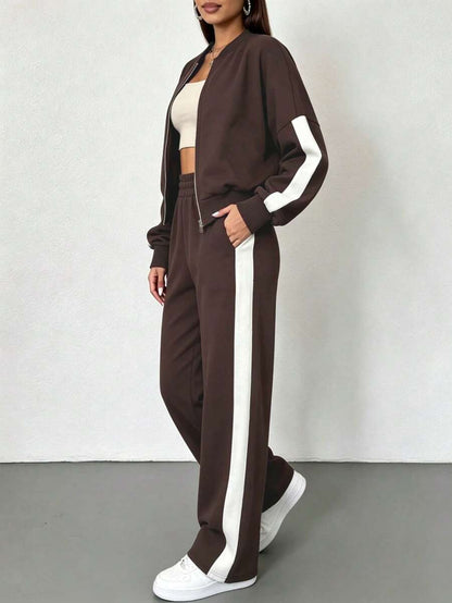 Women 2pcs Colorblock Casual Zip-Up Baseball Collar Sweatshirt Sports Set, Home Office Streetwear, Loose Fit Autumn Winter Elegant
