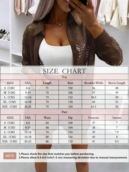 2pcs/Set Women's Casual Vacation White Lace Outfit, Long Sleeve Hollow Loose Top Paired With Elastic Waist Shorts, Elegant Beach Cover-Up Summer, Resort Wear