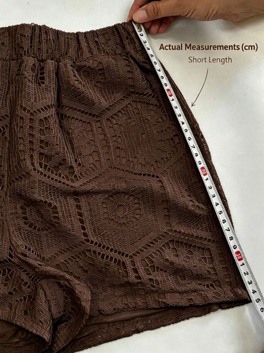 2pcs/Set Women's Casual Vacation White Lace Outfit, Long Sleeve Hollow Loose Top Paired With Elastic Waist Shorts, Elegant Beach Cover-Up Summer, Resort Wear