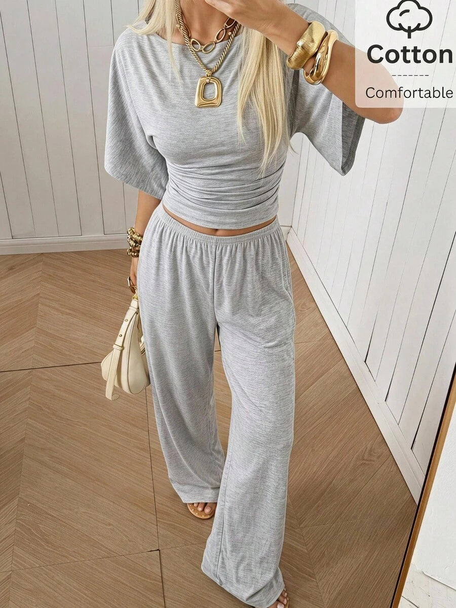 SHEIN EZwear Women's Solid Color Pleated Top And Elastic Waist Long Pants Casual Daily Set Brunch Dark Brown Summer