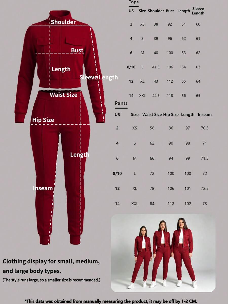 2pcs Women Set In Spring/Autumn/Winter, Minimal Solid Color Versatile Zip Up Short Jacket Tops With Elastic Waist Pocket Skinny Pants Casual Elegant