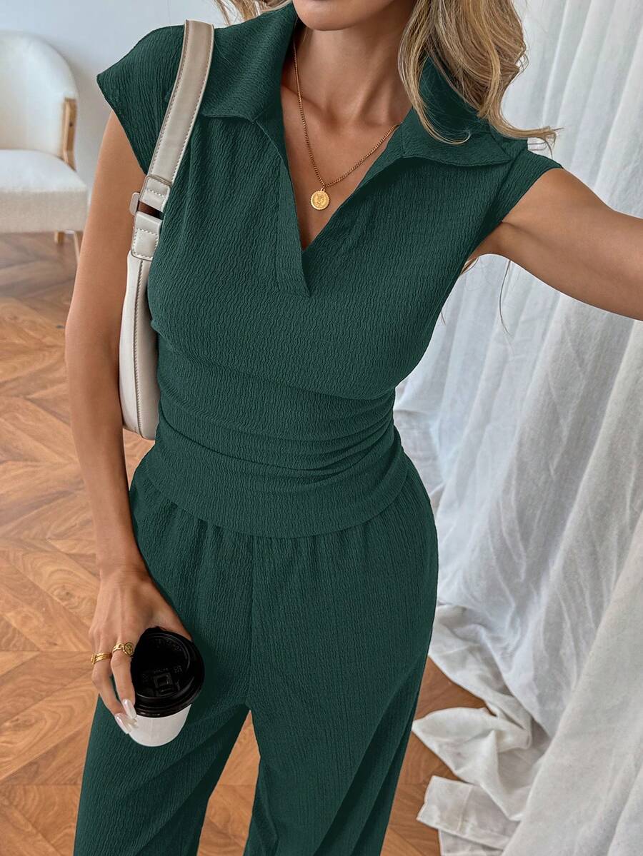 Easowa Women's Casual Polo Collar Short Sleeve Top And Pants 2 Pieces Set,Summer Outfits For Women Brunch Dark Brown Brunch