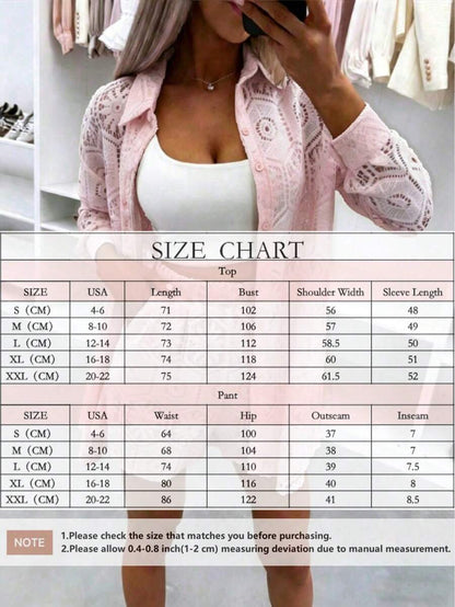 2pcs/Set Women's Casual Vacation White Lace Outfit, Long Sleeve Hollow Loose Top Paired With Elastic Waist Shorts, Elegant Beach Cover-Up Summer, Resort Wear