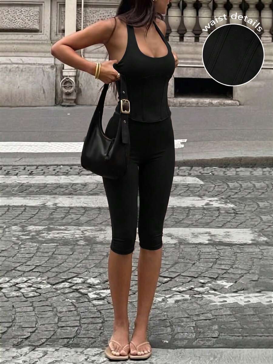 Women's 2-Piece Summer Y2K Set, Polka Dot Deep V Halter Tie-Up Fitted Top & 3/4 Pants, Suitable For Outings, Street Style And Music Festivals Elegant