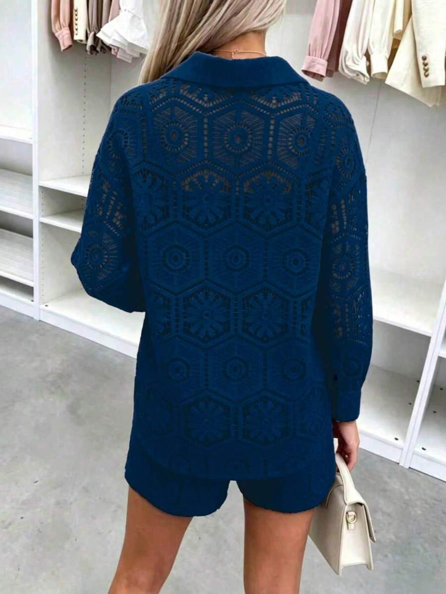 2pcs/Set Women's Casual Vacation White Lace Outfit, Long Sleeve Hollow Loose Top Paired With Elastic Waist Shorts, Elegant Beach Cover-Up Summer, Resort Wear