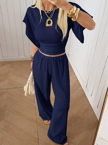 SHEIN EZwear Women's Solid Color Pleated Top And Elastic Waist Long Pants Casual Daily Set Brunch Dark Brown Summer
