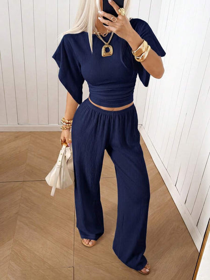 SHEIN EZwear Women's Solid Color Pleated Top And Elastic Waist Long Pants Casual Daily Set Brunch Dark Brown Summer