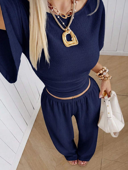 SHEIN EZwear Women's Solid Color Pleated Top And Elastic Waist Long Pants Casual Daily Set Brunch Dark Brown Summer