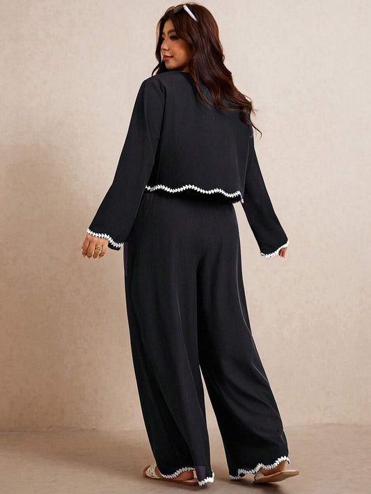 Elaquor Plus Size Women's Round Neck Long Sleeve Shirt And Pants Casual 2 Pieces Set Fall