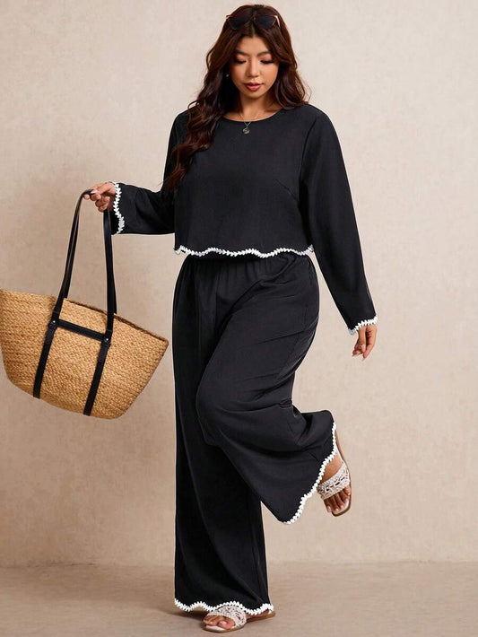Elaquor Plus Size Women's Round Neck Long Sleeve Shirt And Pants Casual 2 Pieces Set Fall
