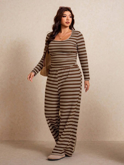 SHEIN Frenchy Plus Size Women Square Neck Black Long Sleeve T-Shirt And Wide Leg Pants Casual 2 Piece Set Formal Office Holiday Holiday Autumn Fall