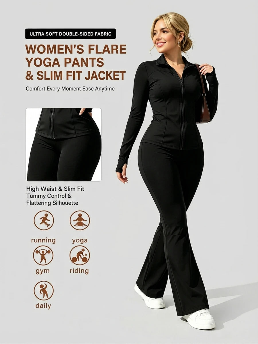 Plus Size Solid Color Fitted Jacket And Flare Pants Sports Set Black