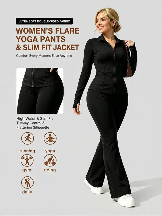 Plus Size Solid Color Fitted Jacket And Flare Pants Sports Set Black