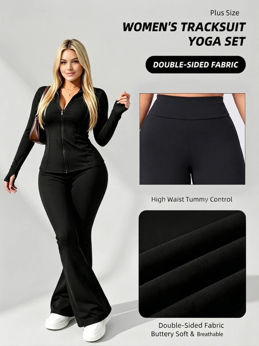 Plus Size Solid Color Fitted Jacket And Flare Pants Sports Set Black