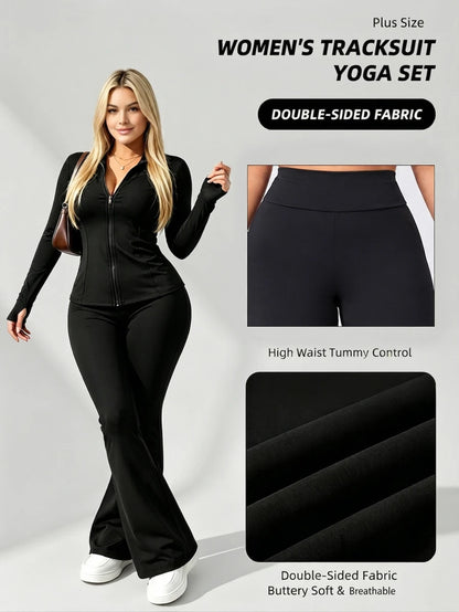 Plus Size Solid Color Fitted Jacket And Flare Pants Sports Set Black