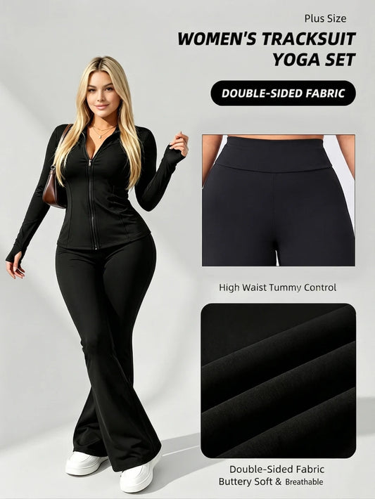 Plus Size Solid Color Fitted Jacket And Flare Pants Sports Set Black