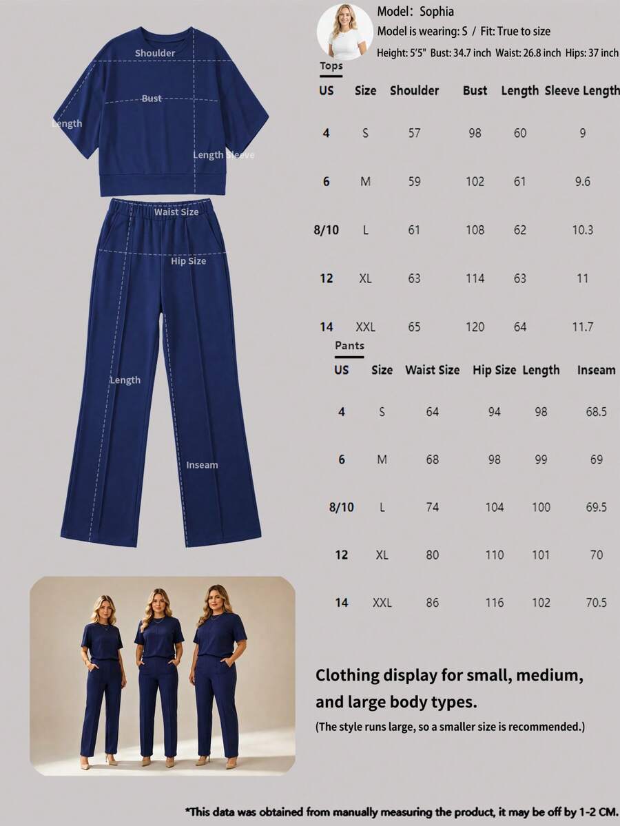 Women's 2 Pieces Casual Outfit, Comfortable Solid Color Short Sleeve Top Paired With Elastic Waist Pocket Pants, Soft Polyester-Spandex Fabric, Spring/Summer Elegant