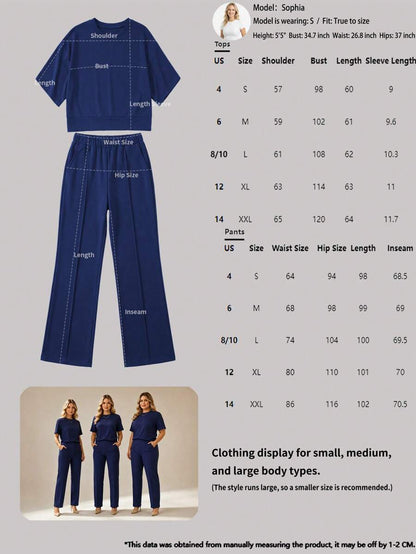 Women's 2 Pieces Casual Outfit, Comfortable Solid Color Short Sleeve Top Paired With Elastic Waist Pocket Pants, Soft Polyester-Spandex Fabric, Spring/Summer Elegant