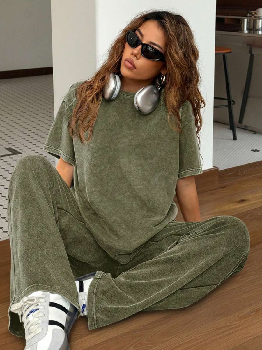 SHEIN EZwear Autumn/Winter Casual Homewear Set: Crew Neck Short Sleeve Top And Straight Leg Distressed Loose Pants