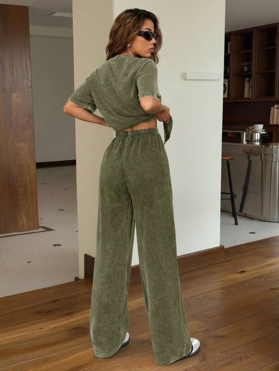 SHEIN EZwear Autumn/Winter Casual Homewear Set: Crew Neck Short Sleeve Top And Straight Leg Distressed Loose Pants