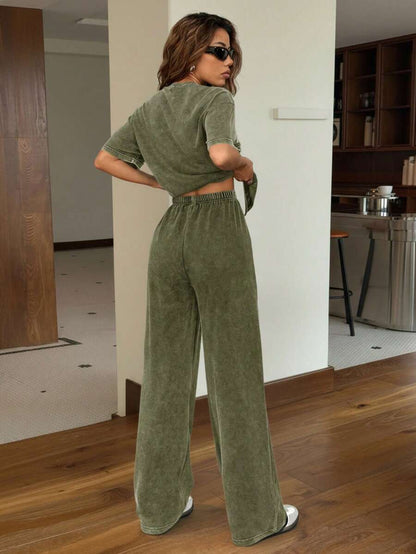 SHEIN EZwear Autumn/Winter Casual Homewear Set: Crew Neck Short Sleeve Top And Straight Leg Distressed Loose Pants