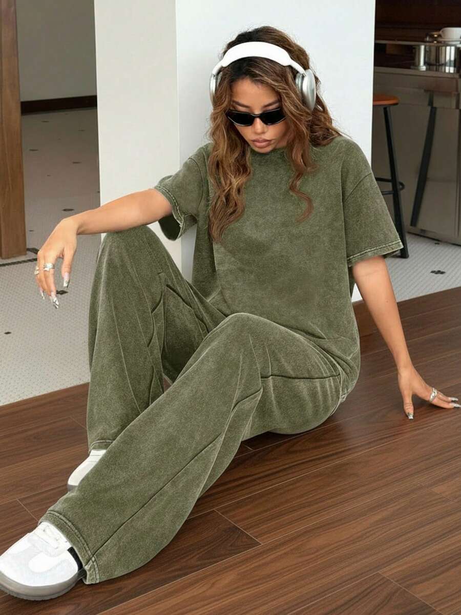 SHEIN EZwear Autumn/Winter Casual Homewear Set: Crew Neck Short Sleeve Top And Straight Leg Distressed Loose Pants