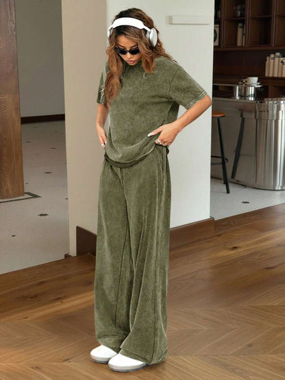 SHEIN EZwear Autumn/Winter Casual Homewear Set: Crew Neck Short Sleeve Top And Straight Leg Distressed Loose Pants