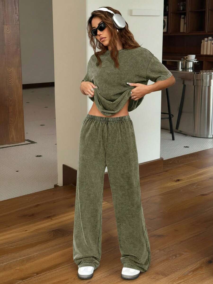 SHEIN EZwear Autumn/Winter Casual Homewear Set: Crew Neck Short Sleeve Top And Straight Leg Distressed Loose Pants