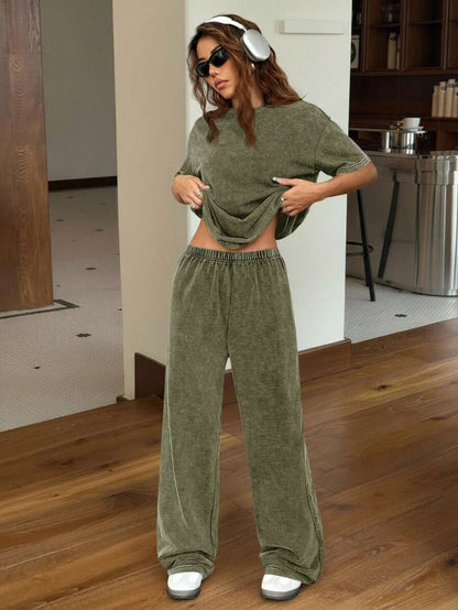 SHEIN EZwear Autumn/Winter Casual Homewear Set: Crew Neck Short Sleeve Top And Straight Leg Distressed Loose Pants