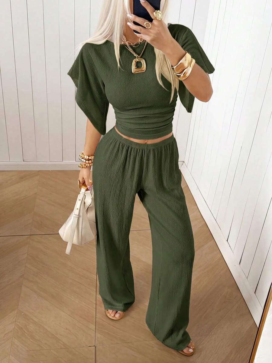 SHEIN EZwear Women's Solid Color Pleated Top And Elastic Waist Long Pants Casual Daily Set Brunch Dark Brown Summer