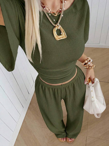 SHEIN EZwear Women's Solid Color Pleated Top And Elastic Waist Long Pants Casual Daily Set Brunch Dark Brown Summer