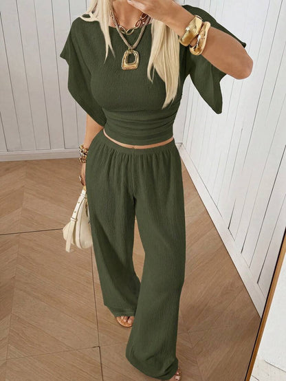 SHEIN EZwear Women's Solid Color Pleated Top And Elastic Waist Long Pants Casual Daily Set Brunch Dark Brown Summer