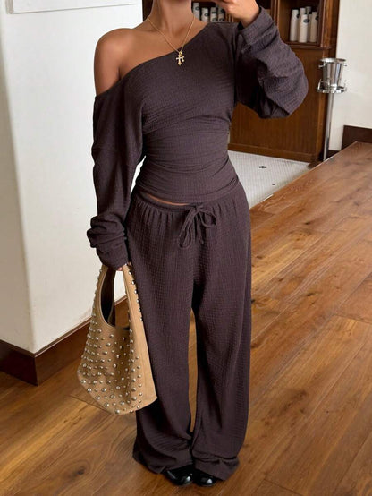 Muchica Women's New Autumn Brown Casual Knitted Textured Asymmetric Shoulder Long Sleeve T-Shirt And Pants Set For Going Out, Streetwear