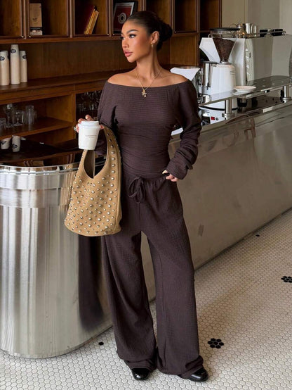 Muchica Women's New Autumn Brown Casual Knitted Textured Asymmetric Shoulder Long Sleeve T-Shirt And Pants Set For Going Out, Streetwear