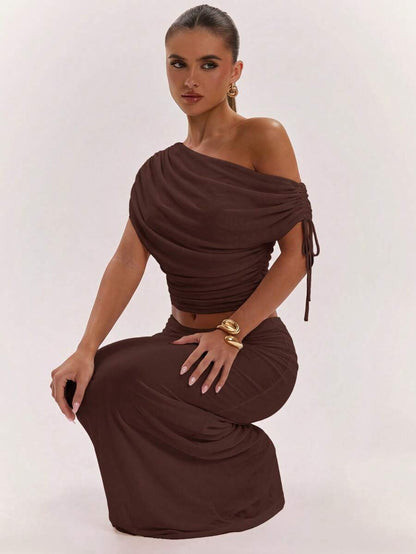 SHEIN BAE Women's Solid Color Asymmetrical Neck Top And Skirt Casual 2 Pieces Set