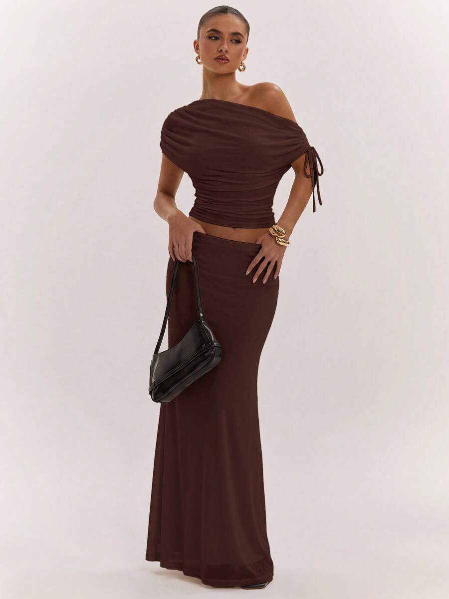 SHEIN BAE Women's Solid Color Asymmetrical Neck Top And Skirt Casual 2 Pieces Set