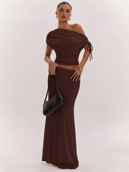 SHEIN BAE Women's Solid Color Asymmetrical Neck Top And Skirt Casual 2 Pieces Set
