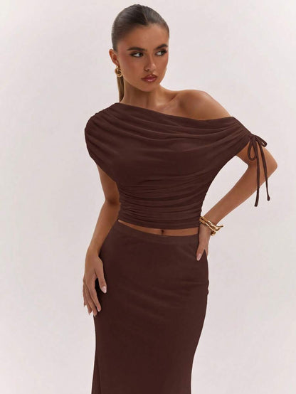 SHEIN BAE Women's Solid Color Asymmetrical Neck Top And Skirt Casual 2 Pieces Set