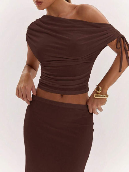 SHEIN BAE Women's Solid Color Asymmetrical Neck Top And Skirt Casual 2 Pieces Set