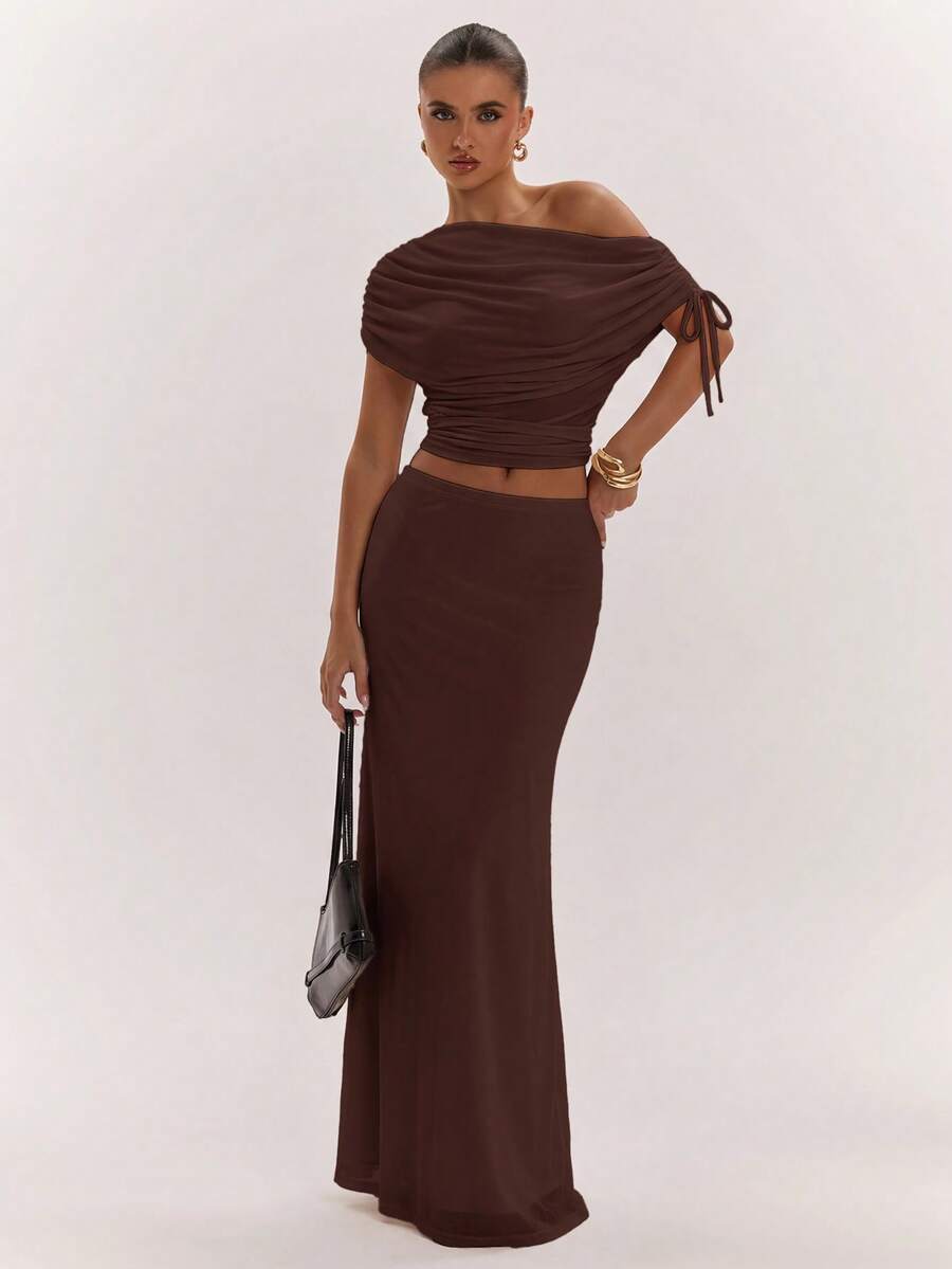 SHEIN BAE Women's Solid Color Asymmetrical Neck Top And Skirt Casual 2 Pieces Set